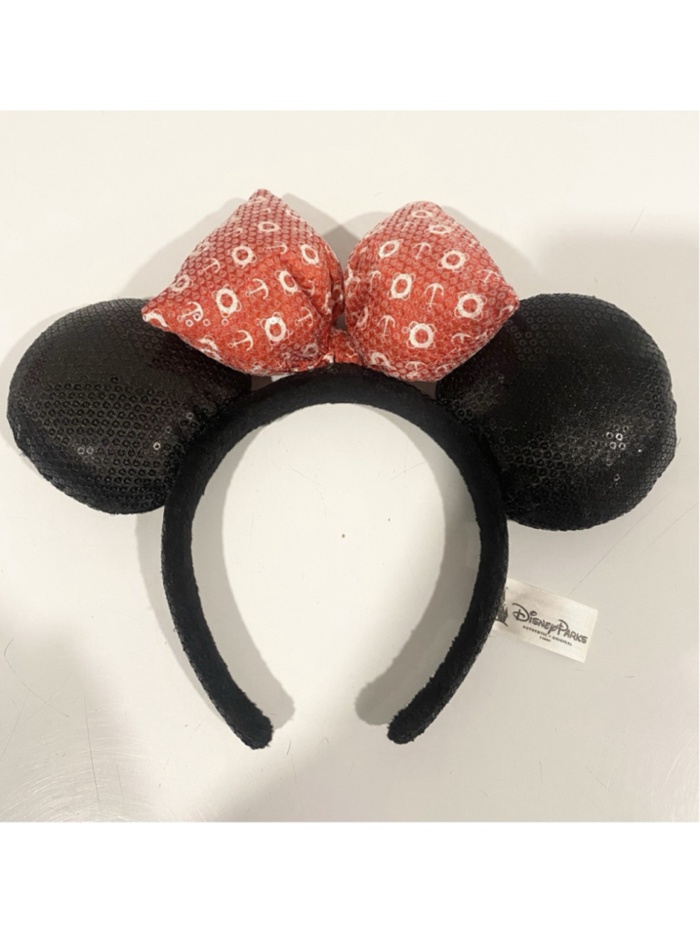 Disney Cruise Line Minnie Mouse Ears Headband Black Sequins Red Nautical Bow DCL